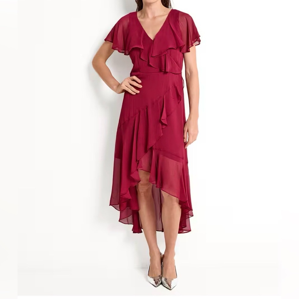 DKNY V-Neck Ruffled High-Low Hem burgundy dress size:6
